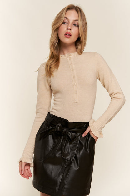 And The Why Half Button Round Neck Long Sleeve Bodysuit - UrbanEthereal