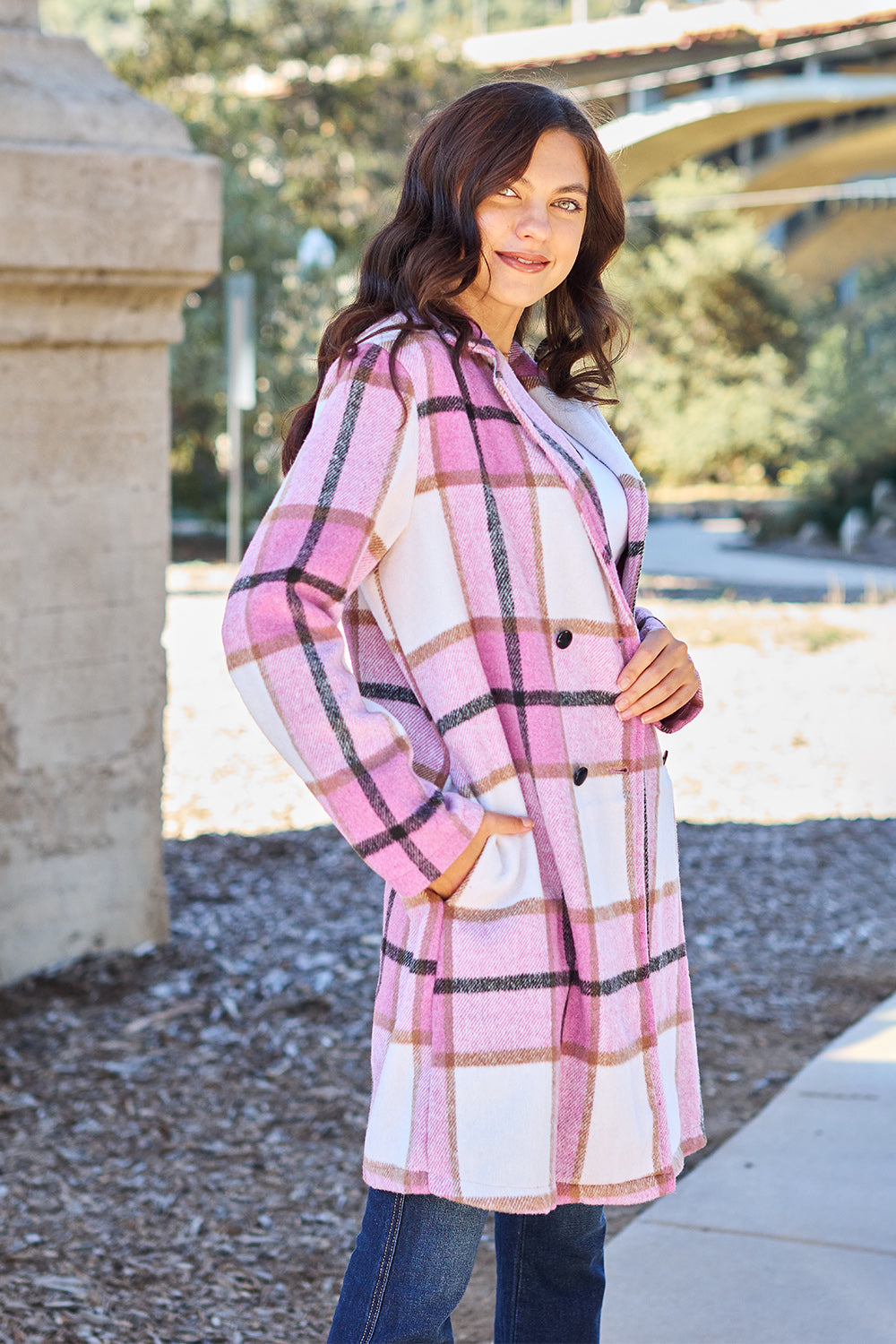 Double Take Full Size Plaid Button Up Lapel Collar Coat - UrbanEthereal