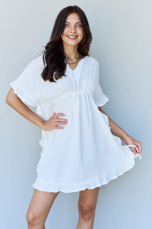 Ninexis Out Of Time Full Size Ruffle Hem Dress with Drawstring Waistband in White - UrbanEthereal
