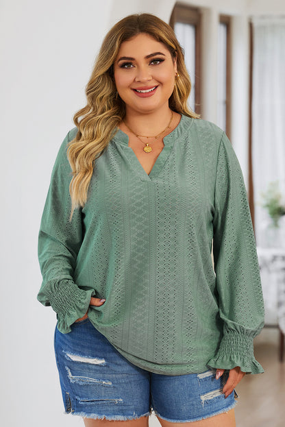 Plus Size Eyelet Notched Flounce Sleeve Blouse - UrbanEthereal