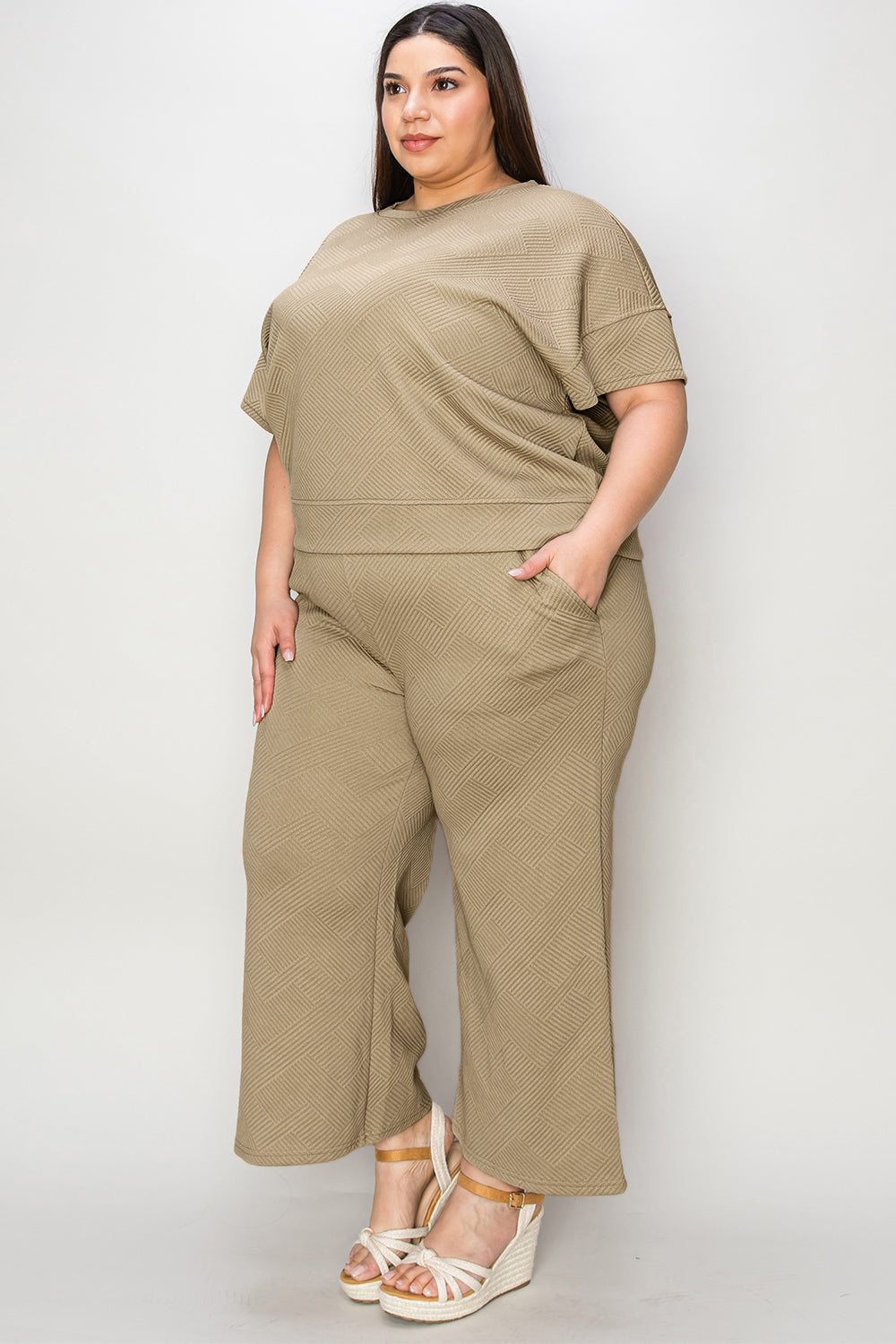 Double Take Full Size Texture Short Sleeve Top and Pants Set - UrbanEthereal