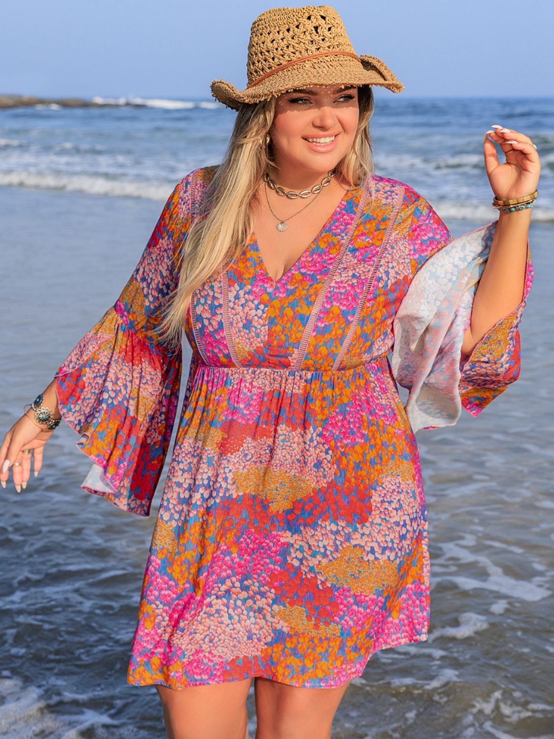 Plus Size Ruched Printed Long Sleeve Dress - UrbanEthereal