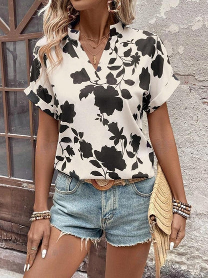 Flower Notched Short Sleeve Blouse - UrbanEthereal