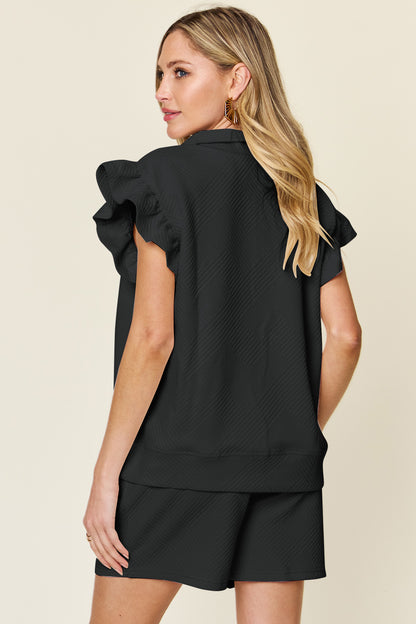 Double Take Full Size Texture Flounce Sleeve Top and Drawstring Shorts Set - UrbanEthereal