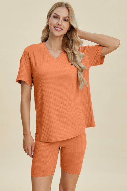 Basic Bae Full Size Ribbed V-Neck Short Sleeve Top and Shorts Set - UrbanEthereal