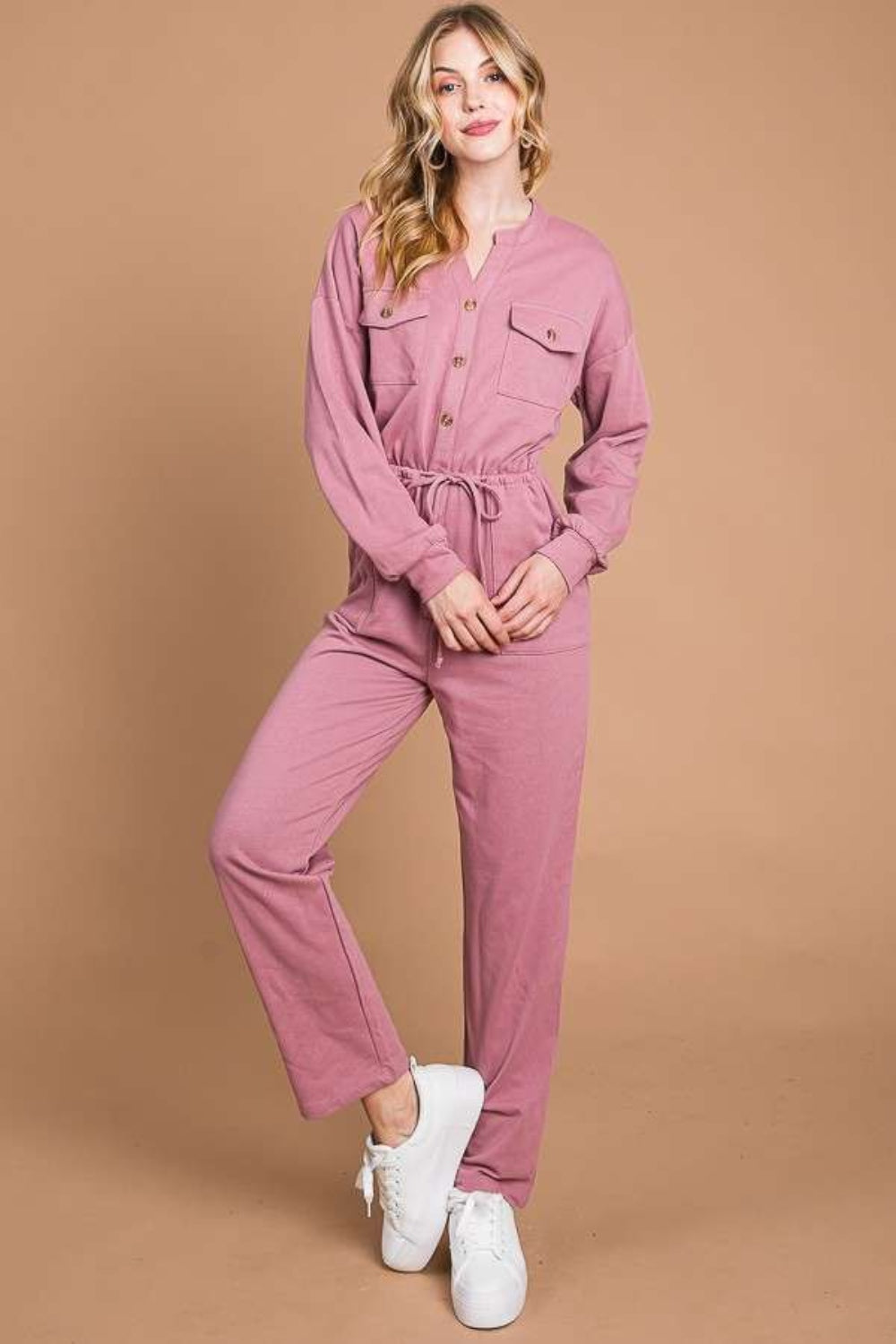 Culture Code Full Size Button Up Drawstring Waist Straight Jumpsuit - UrbanEthereal