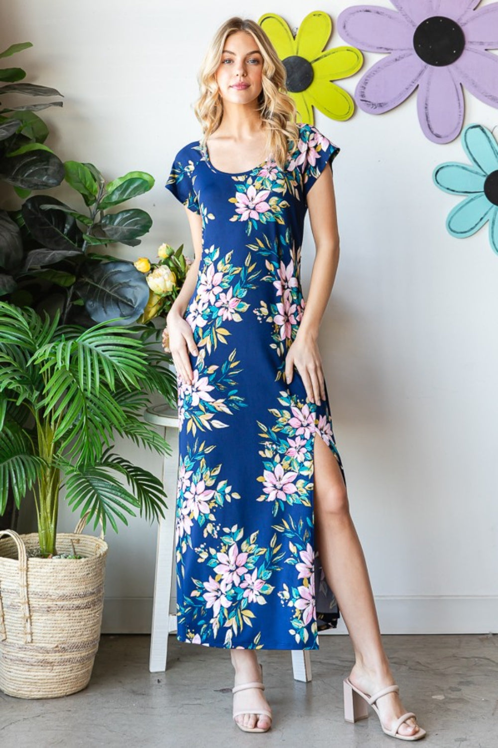 Heimish Full Size Floral Short Sleeve Slit Dress - UrbanEthereal