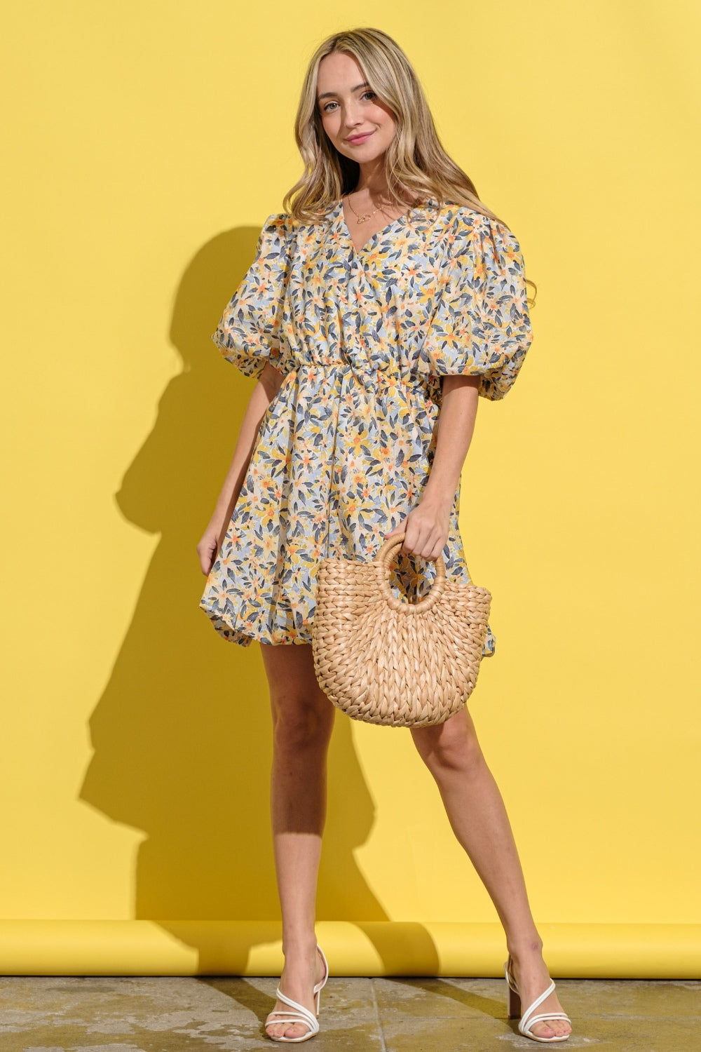 And The Why Full Size Floral Surplice Puff Sleeve Dress - UrbanEthereal