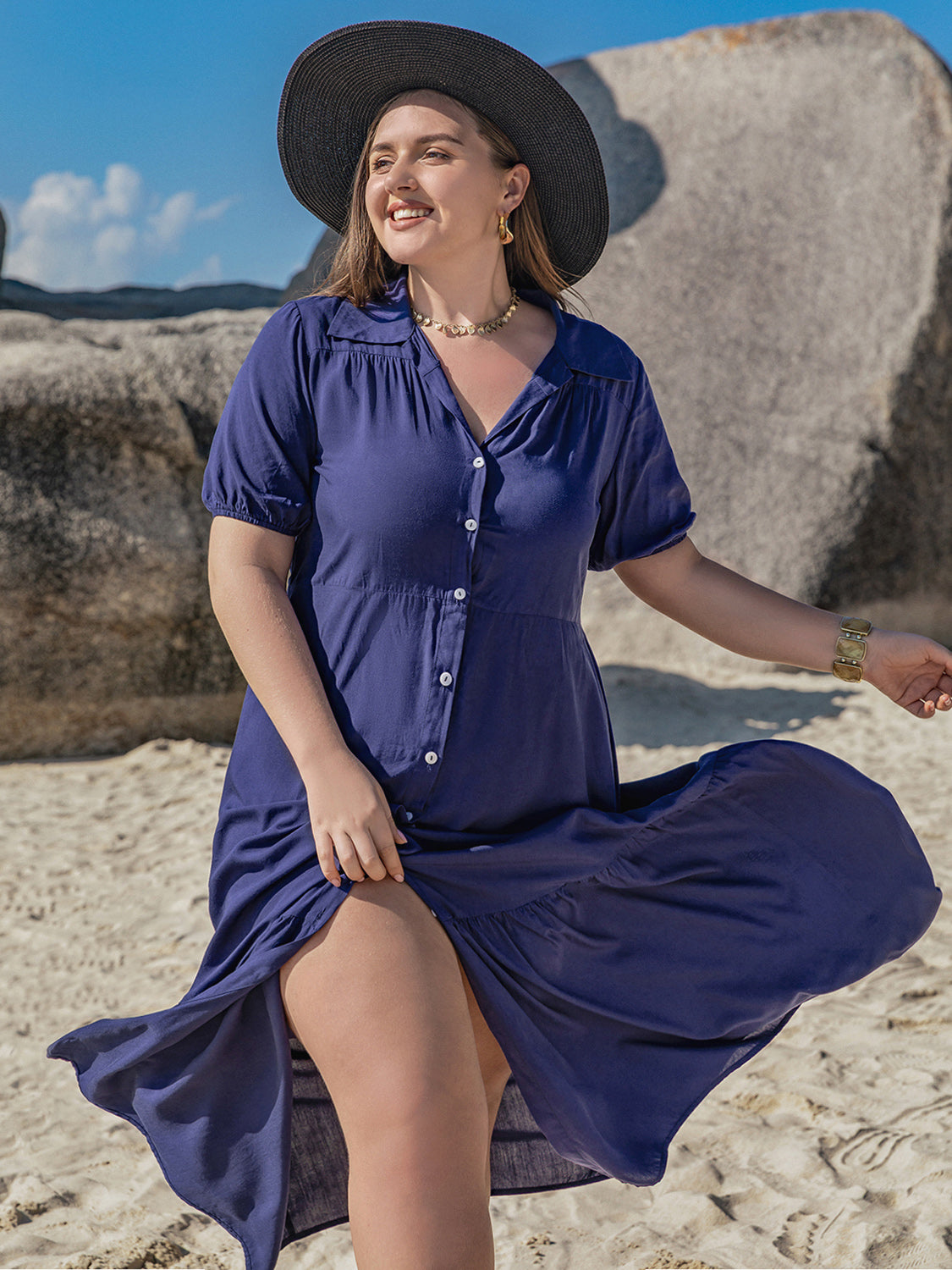 Plus Size Collared Neck Short Sleeve Midi Dress - UrbanEthereal