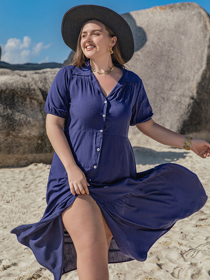 Plus Size Collared Neck Short Sleeve Midi Dress - UrbanEthereal