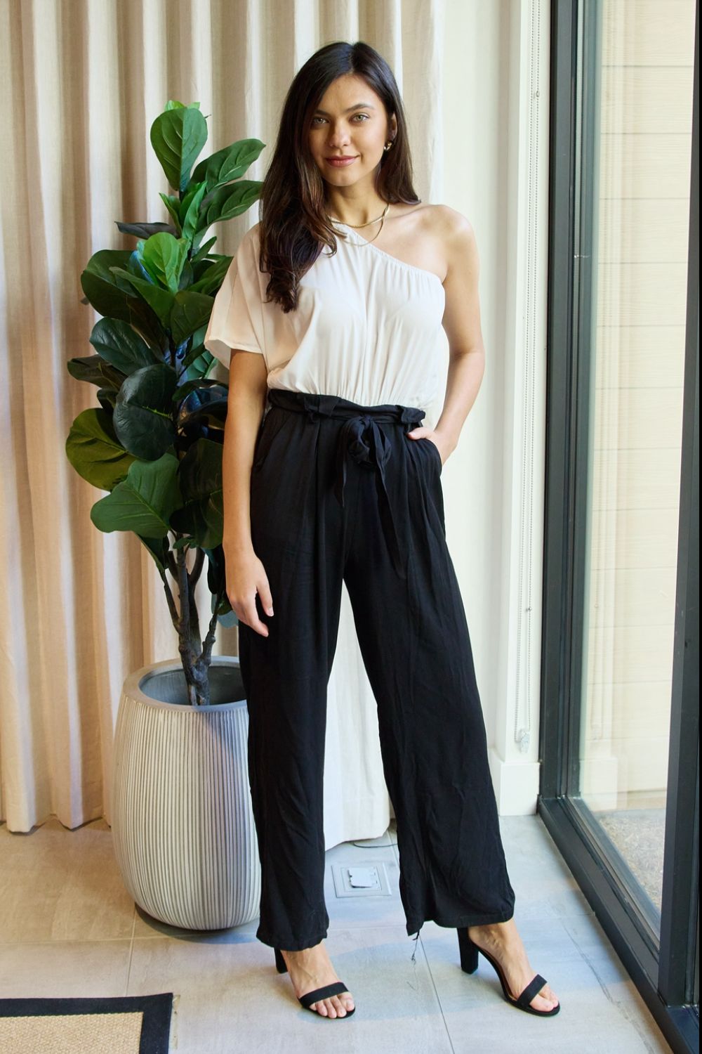 Dress Day Marvelous in Manhattan One-Shoulder Jumpsuit in White/Black - UrbanEthereal