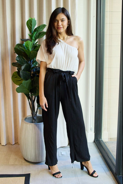 Dress Day Marvelous in Manhattan One-Shoulder Jumpsuit in White/Black - UrbanEthereal