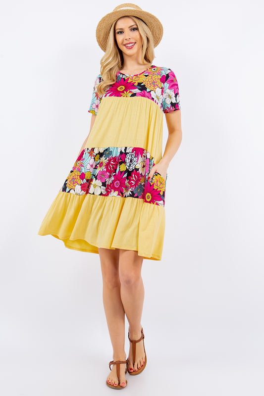 Celeste Full Size Color Block Floral Round Neck Short Sleeve Dress - UrbanEthereal