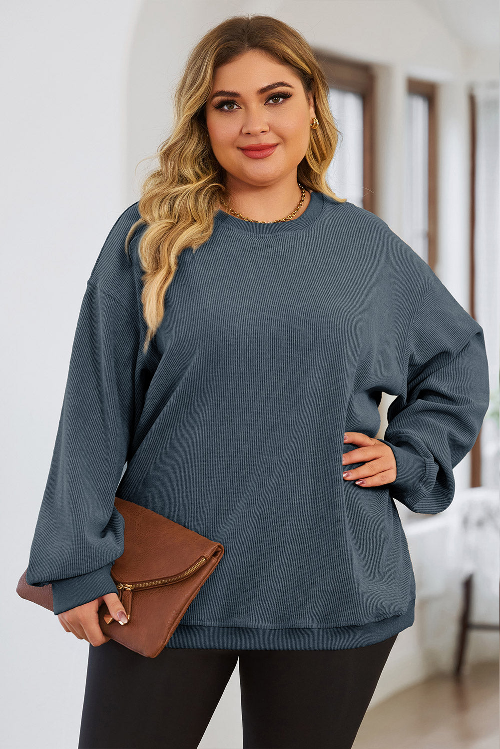Plus Size Round Neck Dropped Shoulder Sweatshirt - UrbanEthereal