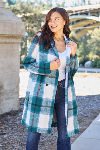 Double Take Full Size Plaid Button Up Lapel Collar Coat - UrbanEthereal