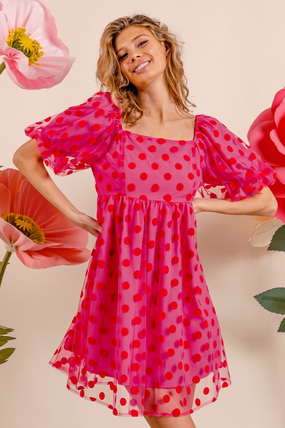 BiBi Polka Dot Mesh Puff Sleeve Dress - UrbanEthereal