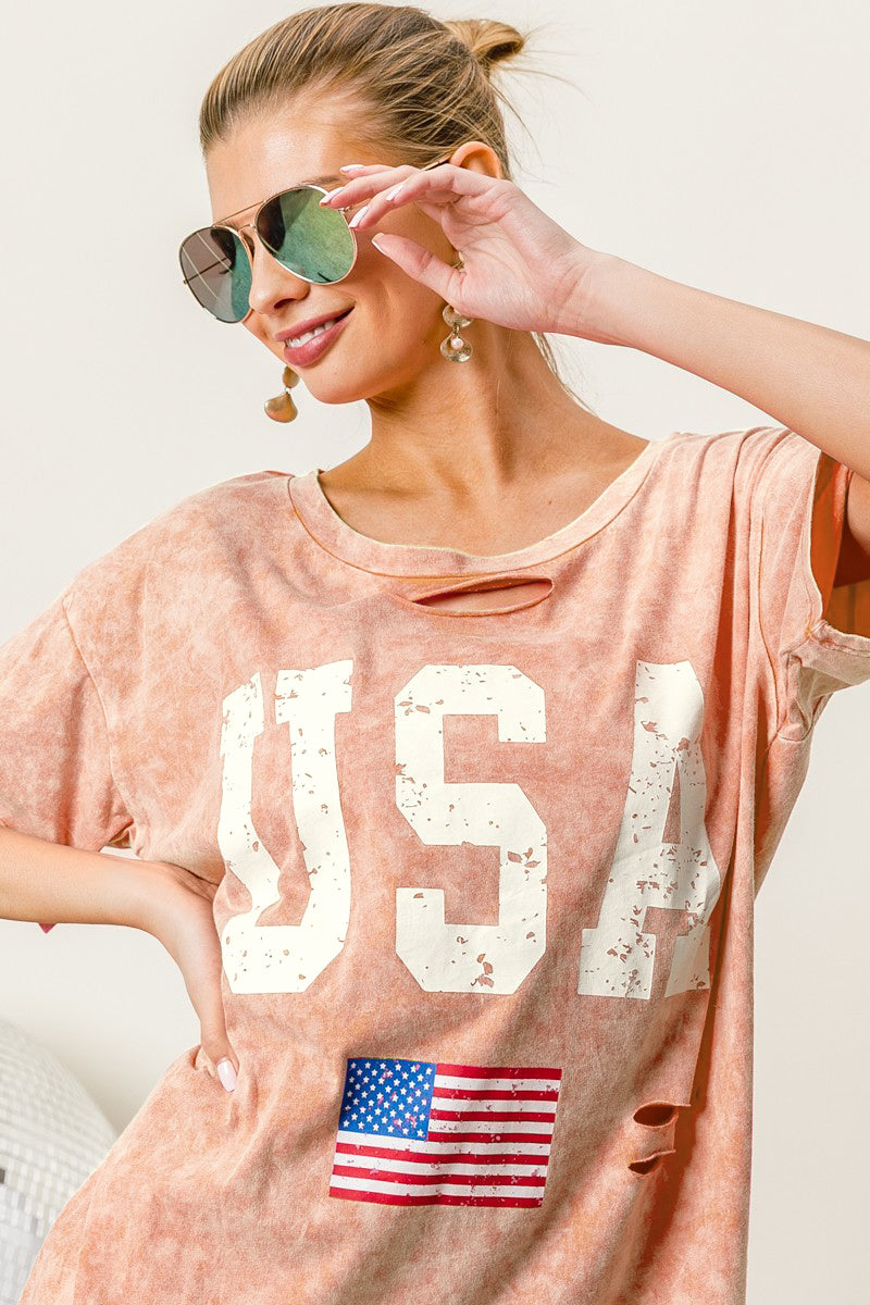 BiBi Washed American Flag Graphic Distressed T-Shirt - UrbanEthereal