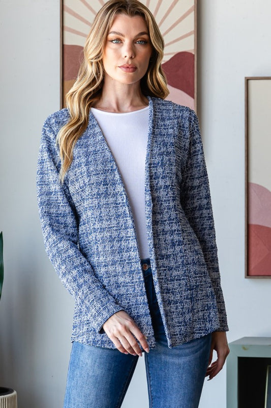 Heimish Full Size Houndstooth Tweed Open Front Blazer - UrbanEthereal