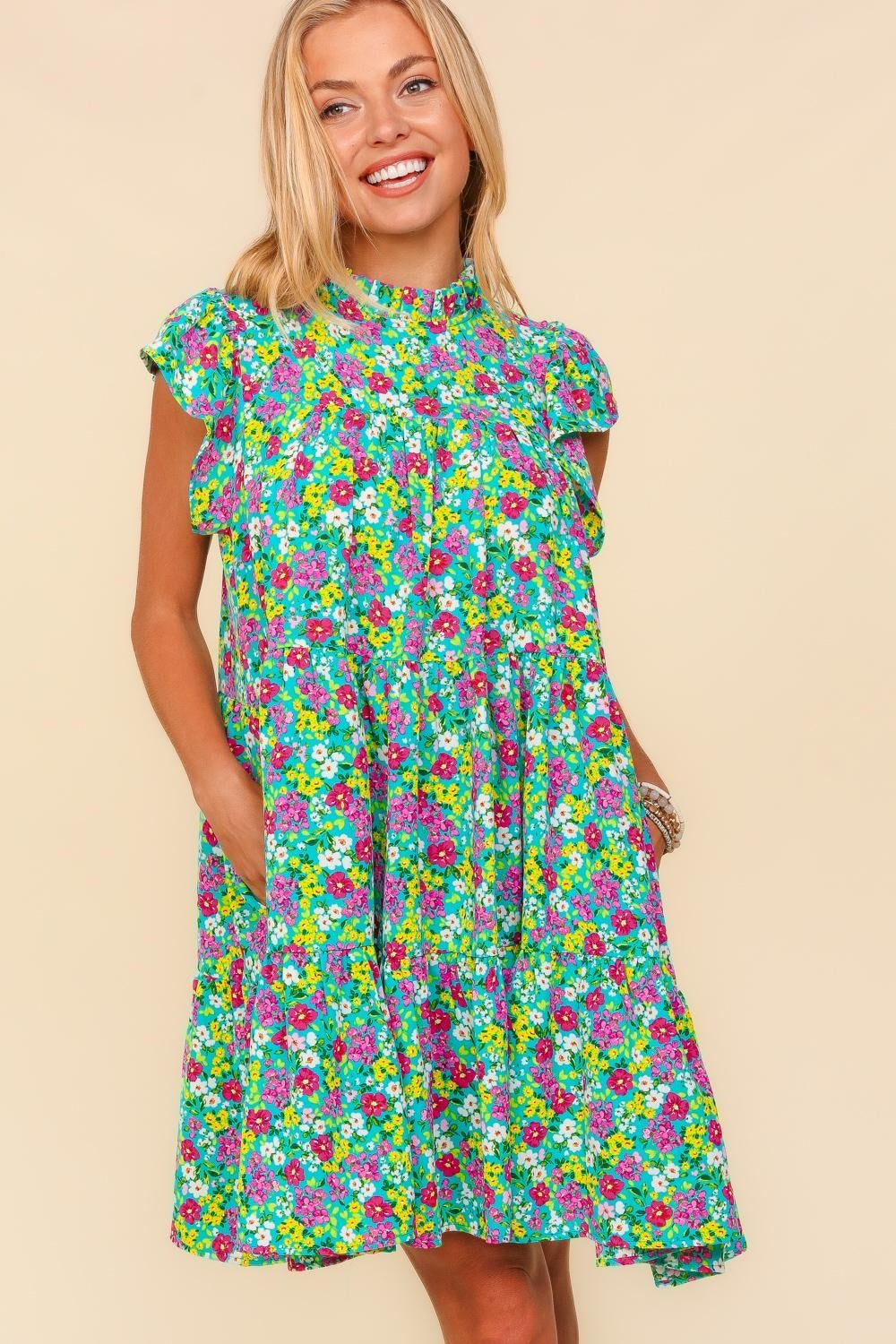 Haptics Frilled Mock Neck Ditsy Floral Dress - UrbanEthereal