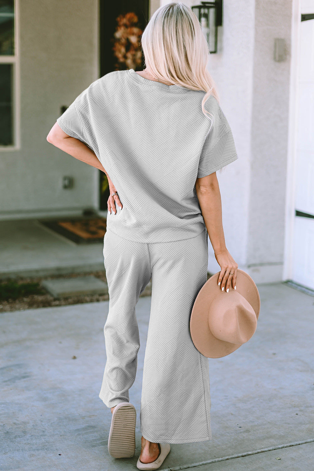 Double Take Full Size Texture Short Sleeve Top and Pants Set - UrbanEthereal