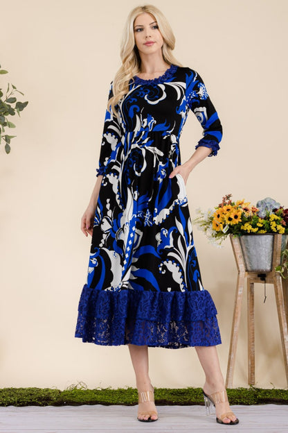 Celeste Full Size Paisley Print Lace Ruffled Midi Dress - UrbanEthereal