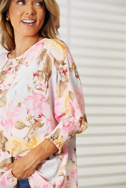 Double Take Floral Round Neck Three-Quarter Sleeve Top - UrbanEthereal