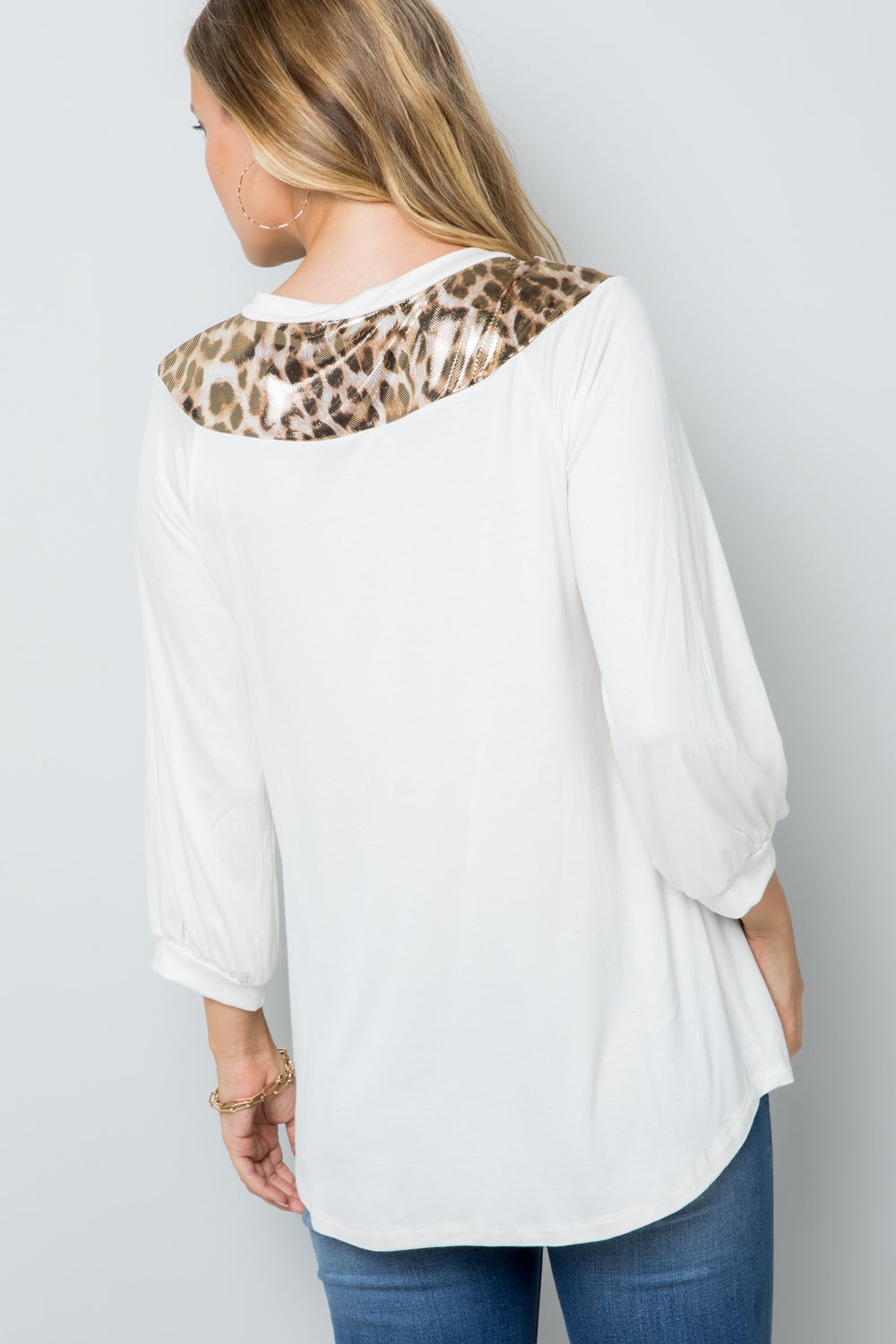 Celeste Full Size Leopard Contrast Balloon Sleeve Top