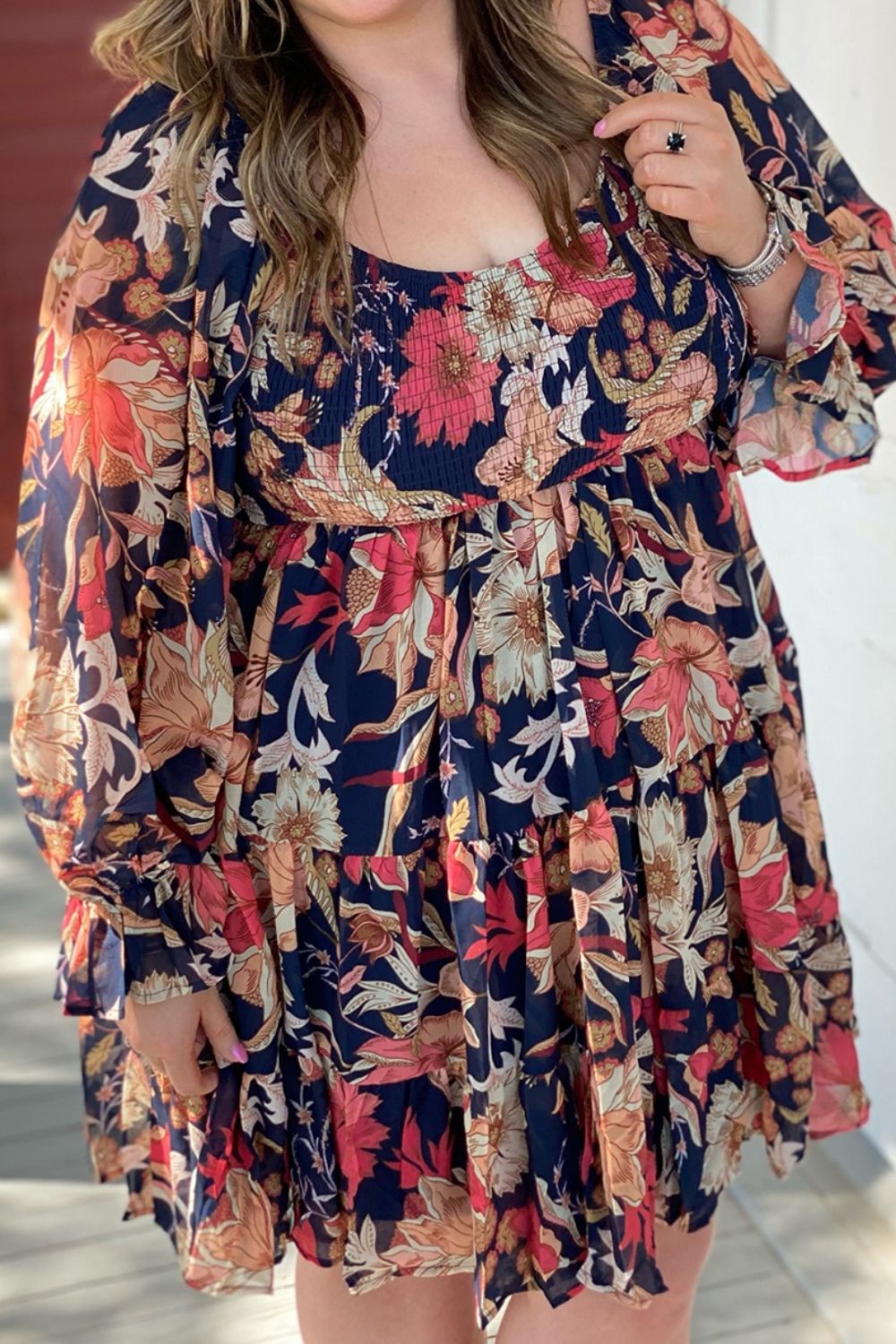 Plus Size Smocked Printed Long Sleeve Dress - UrbanEthereal