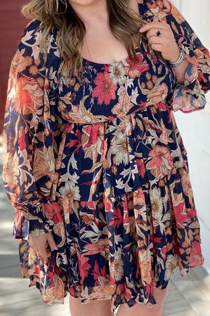 Plus Size Smocked Printed Long Sleeve Dress - UrbanEthereal