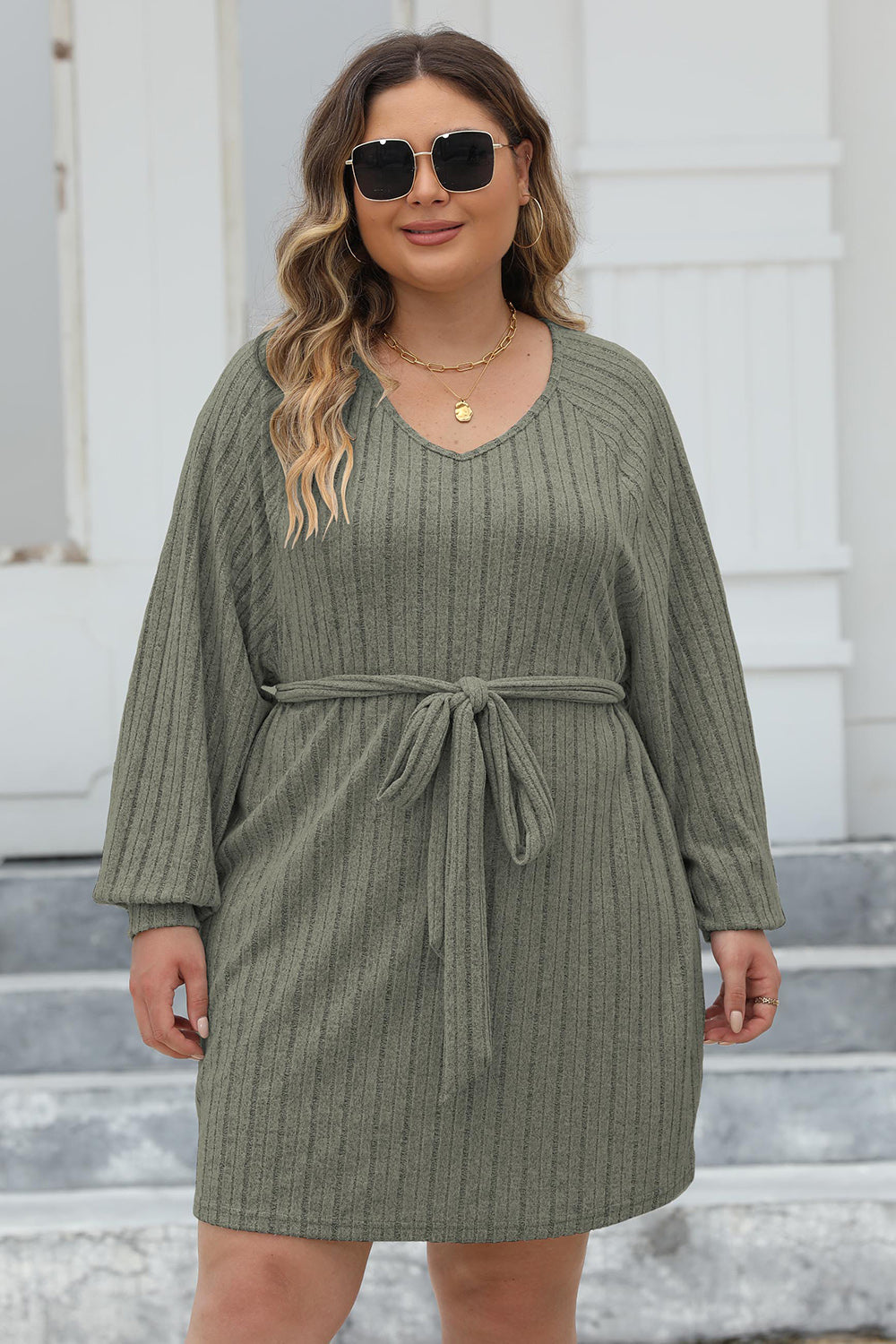 Plus Size Ribbed Tie Front Long Sleeve Sweater Dress - UrbanEthereal