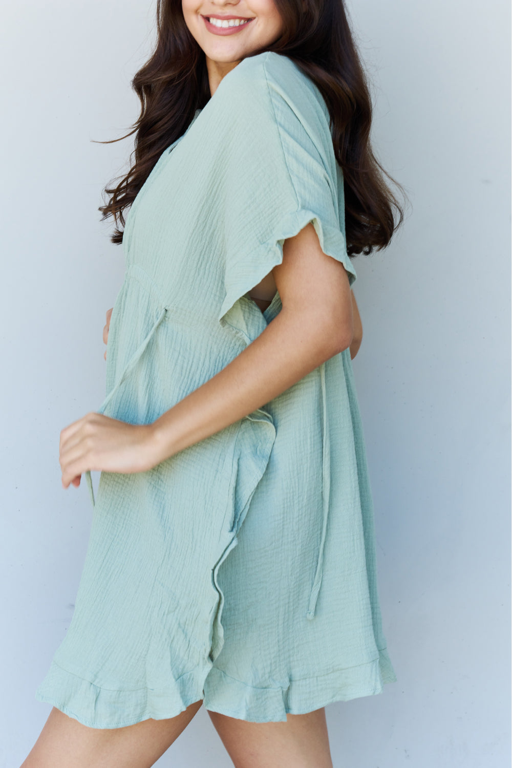 Ninexis Out Of Time Full Size Ruffle Hem Dress with Drawstring Waistband in Light Sage - UrbanEthereal