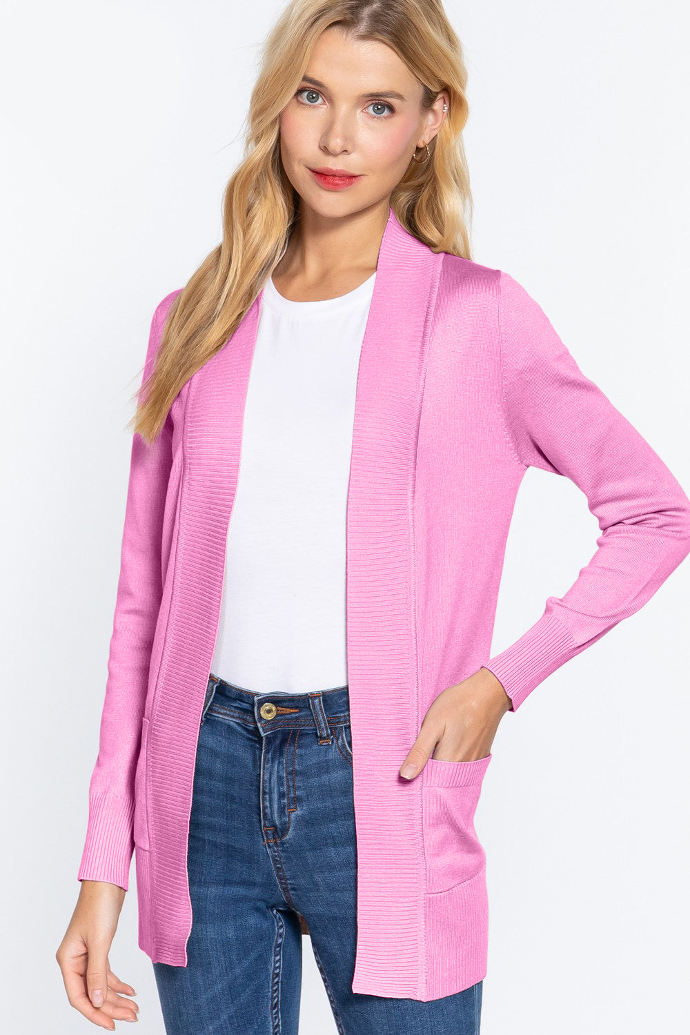 ACTIVE BASIC Ribbed Trim Open Front Cardigan - UrbanEthereal