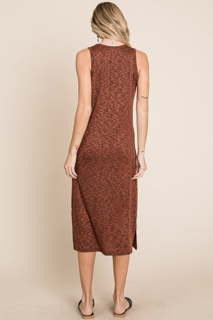 BOMBOM Slit Round Neck Sleeveless Midi Dress - UrbanEthereal