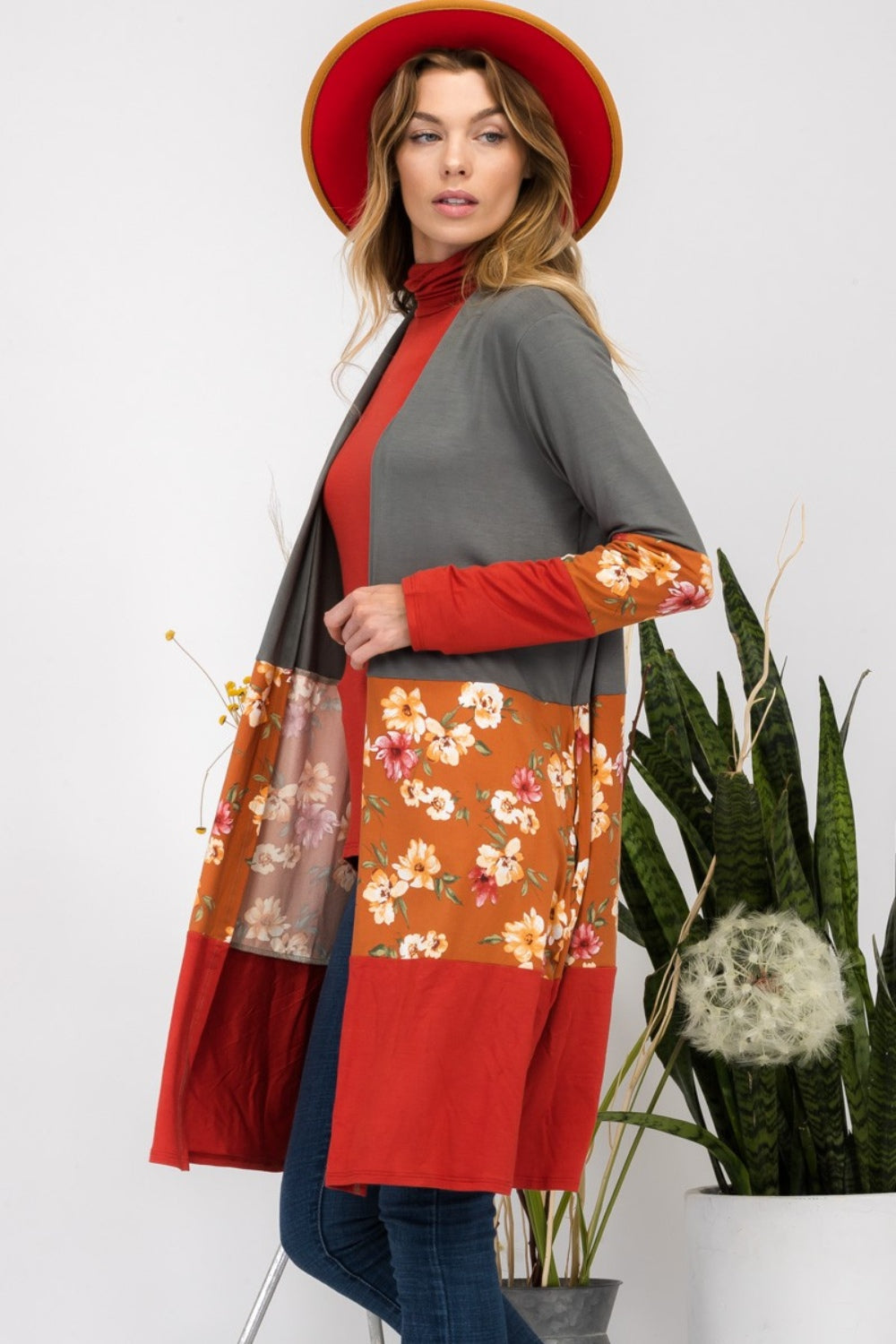 Celeste Full Size Floral Color Block Open Front Cardigan - UrbanEthereal