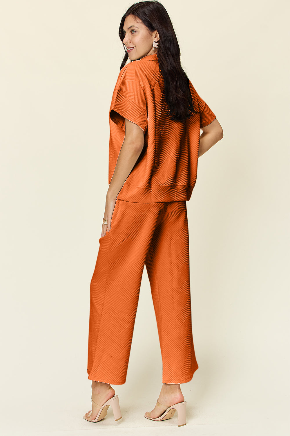 Double Take Full Size Texture Half Zip Short Sleeve Top and Pants Set - UrbanEthereal