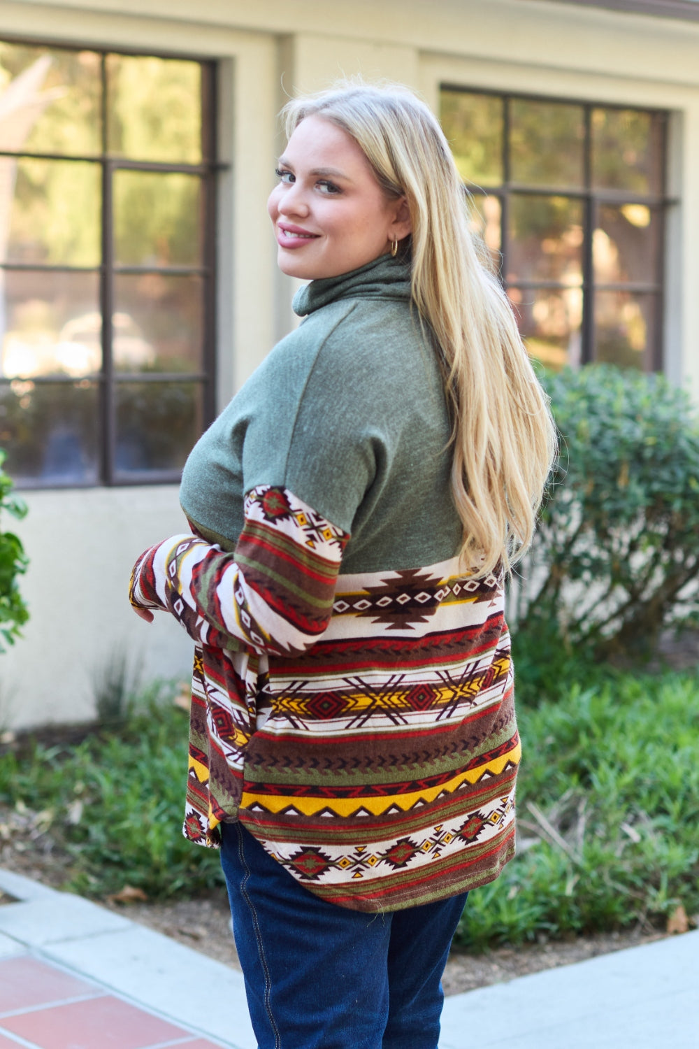 Celeste Design Full Size Geometric Turtleneck Drawstring Knit Top - UrbanEthereal