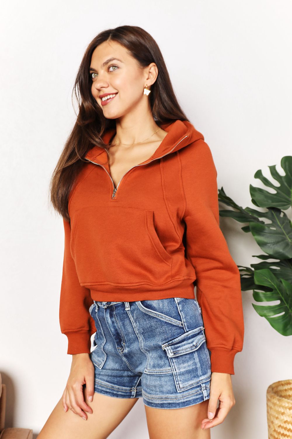 Double Take Half-Zip Long Sleeve Hoodie - UrbanEthereal
