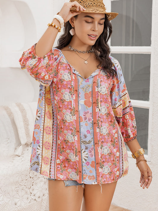 Plus Size Printed Tie Neck Balloon Sleeve Blouse - UrbanEthereal