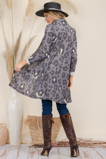 Celeste Full Size Leopard Open Front Contrast Cardigan - UrbanEthereal