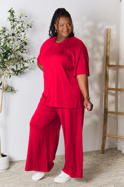 Double Take Full Size Round Neck Slit Top and Pants Set - UrbanEthereal