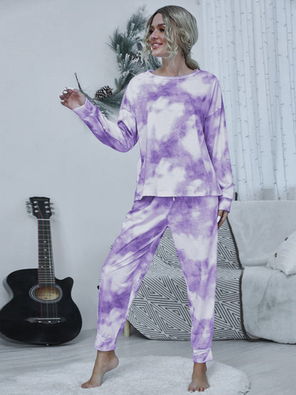 Shiny Tie-dye Round Neck Top and Drawstring Pants Lounge Set