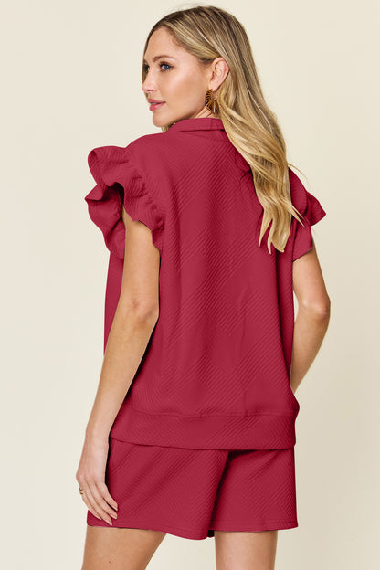 Double Take Full Size Texture Flounce Sleeve Top and Drawstring Shorts Set - UrbanEthereal