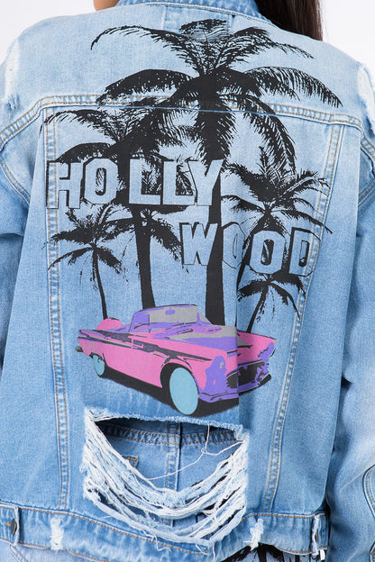 American Bazi Graphic Distressed Long Sleeve Denim Jacket - UrbanEthereal