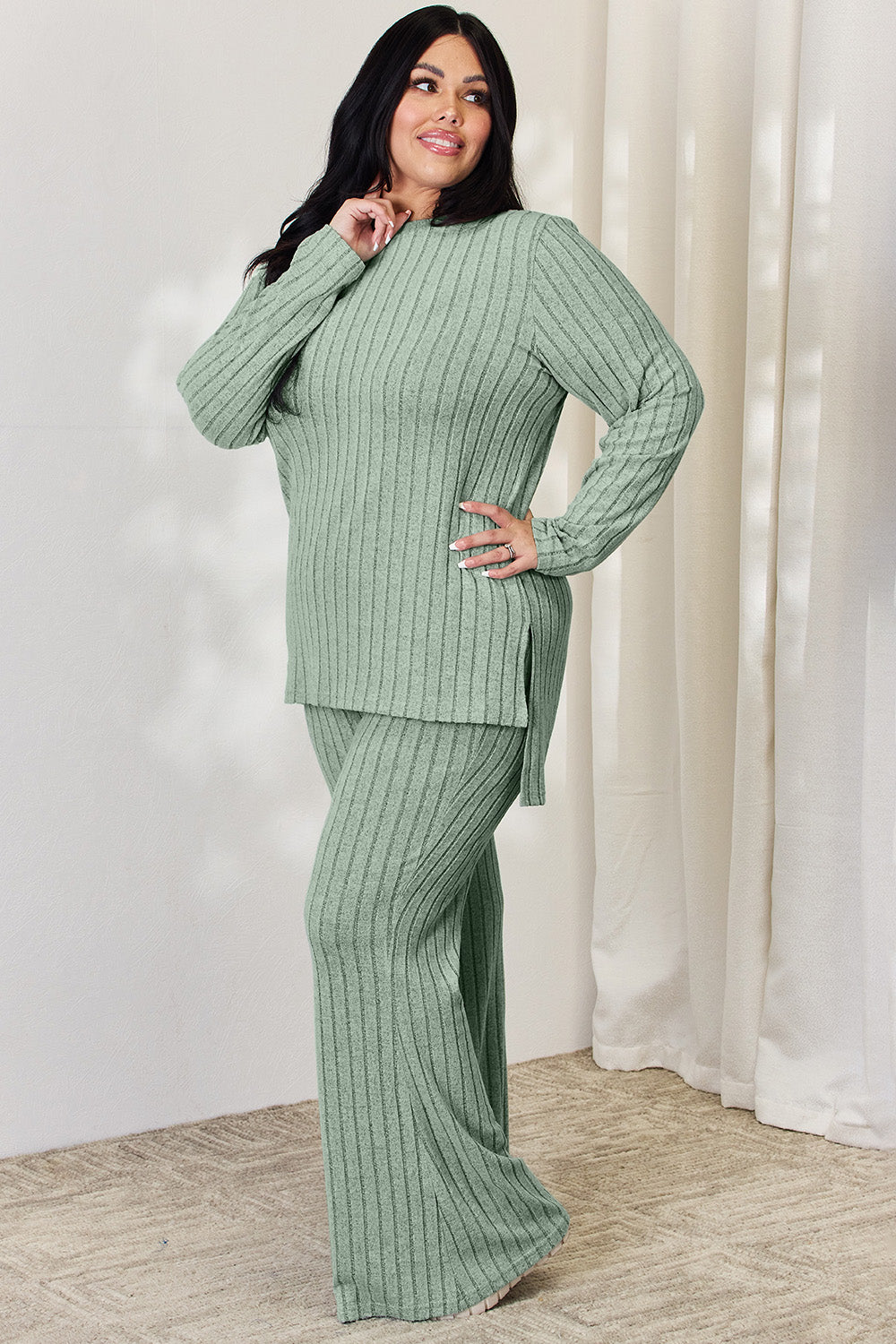 Basic Bae Full Size Ribbed High-Low Top and Wide Leg Pants Set - UrbanEthereal