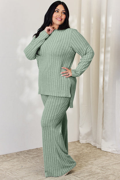 Basic Bae Full Size Ribbed High-Low Top and Wide Leg Pants Set - UrbanEthereal