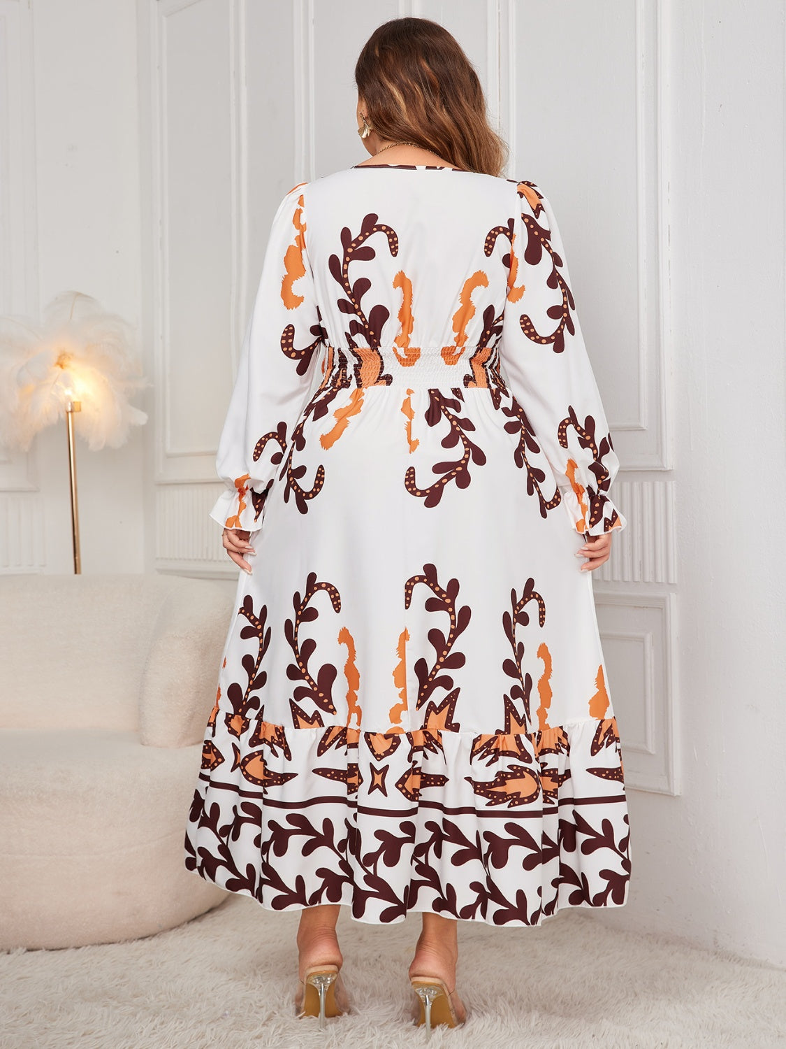Plus Size Printed Surplice Flounce Sleeve Dress - UrbanEthereal