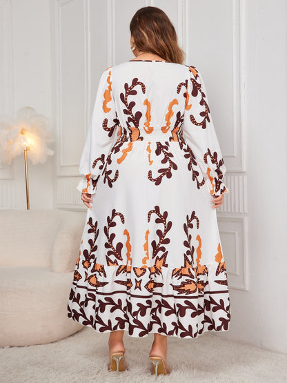 Plus Size Printed Surplice Flounce Sleeve Dress - UrbanEthereal