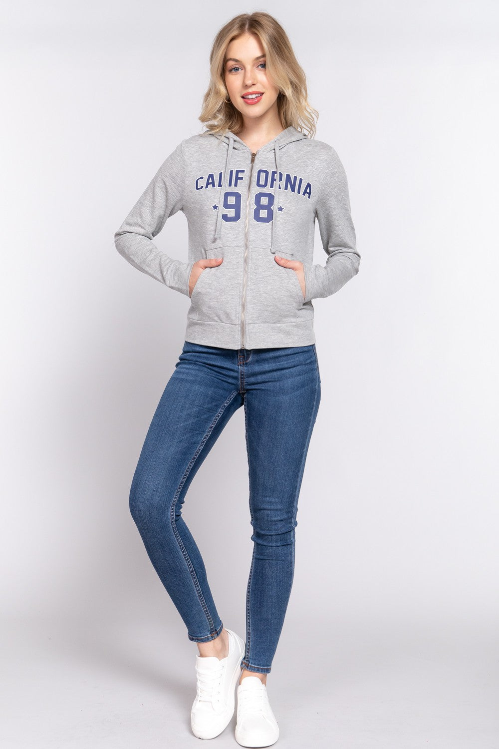 ACTIVE BASIC CALIFORNIA Zip Up Drawstring Long Sleeve Hoodie - UrbanEthereal
