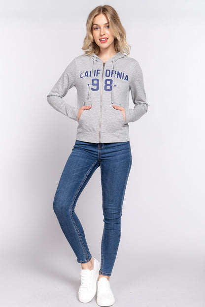 ACTIVE BASIC CALIFORNIA Zip Up Drawstring Long Sleeve Hoodie - UrbanEthereal