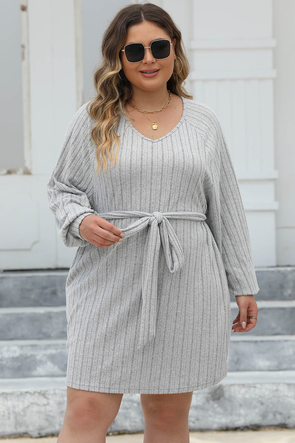 Plus Size Ribbed Tie Front Long Sleeve Sweater Dress - UrbanEthereal